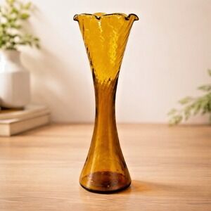 Mid Century Amber Swung Glass Bud Vase 8" Diamond Optic Ruffle Top